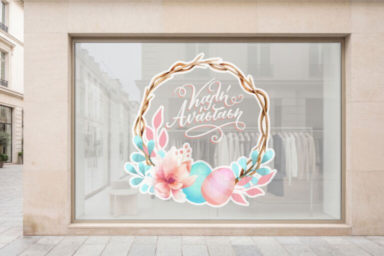 Aufkleber-Oster-Schaufenster----Blumen-Osterkranz